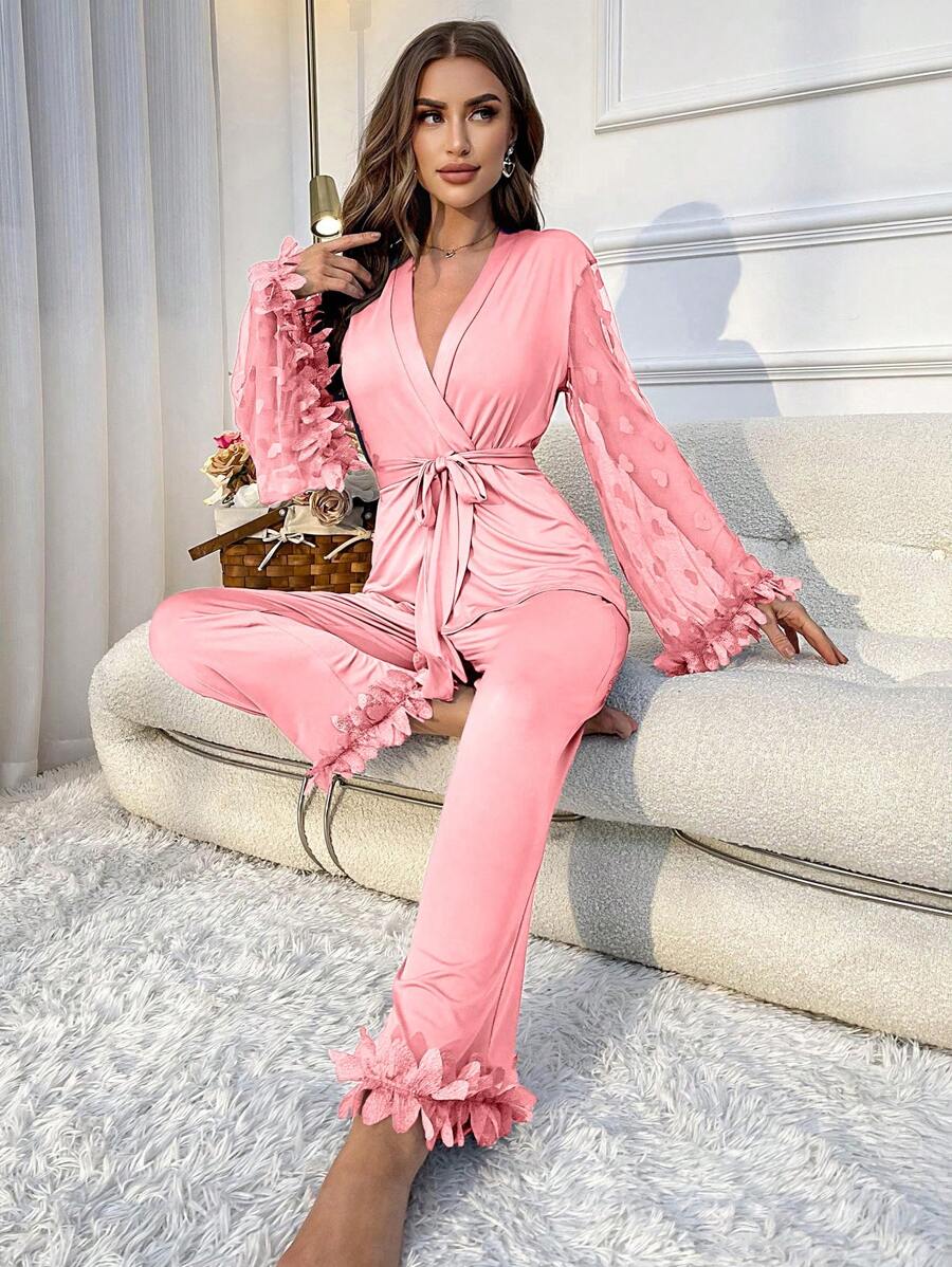 Women's Mesh Splice Ruffle Trimmed Pajama Set With Lace Decoration - Pink - View 1