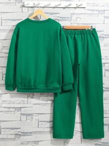 SHEIN Bộ áo nỉ cổ tròn in họa tiết thoải mái cho bé trai tuổi teen và quần len ống đứng xẻ tà, chất liệu nỉ, dày dặn - màu xanh lá - Xem 5