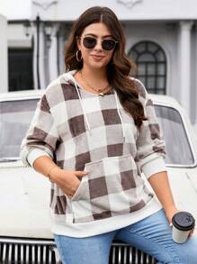 Calvaya Áo nỉ nữ cỡ lớn kẻ caro có dây rút - Hồng - Xem 3