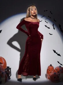 SHEIN ICON 酒紅色露肩天鵝絨美人魚禮服 - 酒紅色 - 查看 2