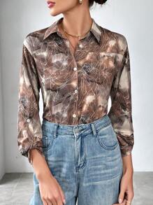 SHEIN Essnce Women's Tie-dye Striped Pattern Casual Fashion Shirt - Apricot - View 1