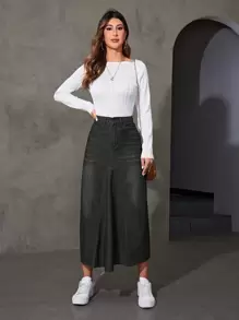 Của phụ nữ Chân váy Denim thẳng - màu đen - Xem 3