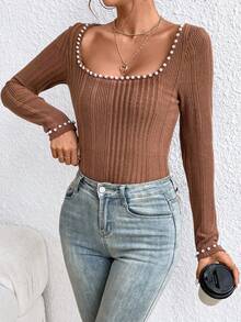 SHEIN Privé Của phụ nữ Kết cườm Trang trí Cổ vuông Sọc Áo thun - màu nâu - Xem 8