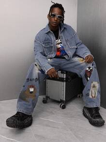 Manfinity Roghcode Men's Autumn Frayed Shoulder Drop Long Sleeve Single-Breasted Pocket Casual Denim Shirt - Light Wash - View 7