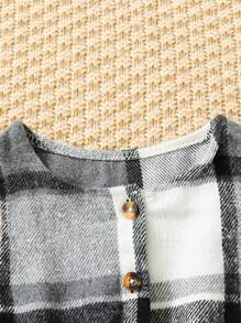 Baby Girls' Solid Color Long Sleeve T-shirt And Plaid Dress With Button Detail Set - Grey - View 3