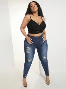 SHEIN CURVE+ Áo hai dây Plus Size Tương phản ren màu trơn Giải trí - màu đen - Xem 4