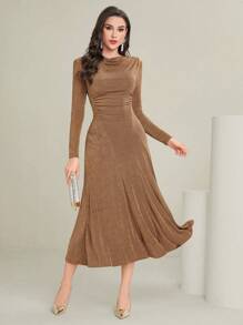 Modelyn 纯色女式收腰带袖连衣裙长款晚礼服 - 棕色 - 查看 4