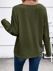 EMERY ROSE 女式落肩羅紋 T 卹 - 軍綠色 - 查看 2