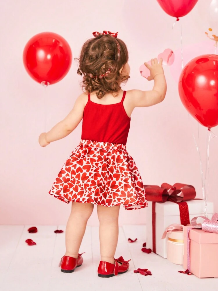 Baby Girls' Casual Knitted Tank Top & Heart Printed Elastic Waist Skirt & Headband 3pcs Outfits