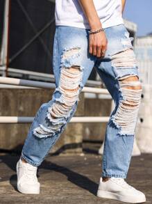 Manfinity EMRG 鬆身男式磨損牛仔褲 - 中等水洗藍 - 查看 5