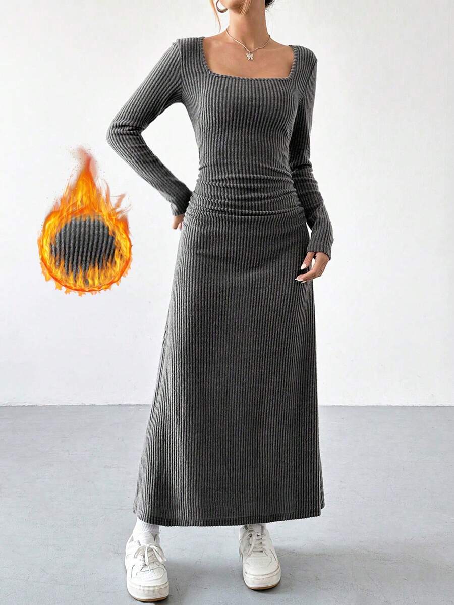 SHEIN EZwear 方領褶皺連身裙 - 灰色 - 查看 1