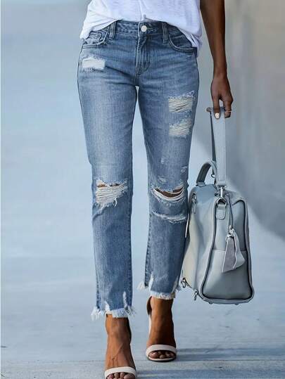 Women Straight Leg Pants With Distressed & Ripped Pockets