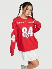 ROMWE Street Life Outdoor Streetwear Vintage Sports Style Loose Fit Printed T-shirt - Red - View 6