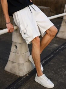 Manfinity Homme Loose Fit Men's Multi Pocket Work Shorts Knee Plain All White Office Casual Husband - White - View 3