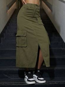 Street High Waist Flap Pocket Slit Hem Cargo Skirt Without Waist Belt - Army Green - View 5