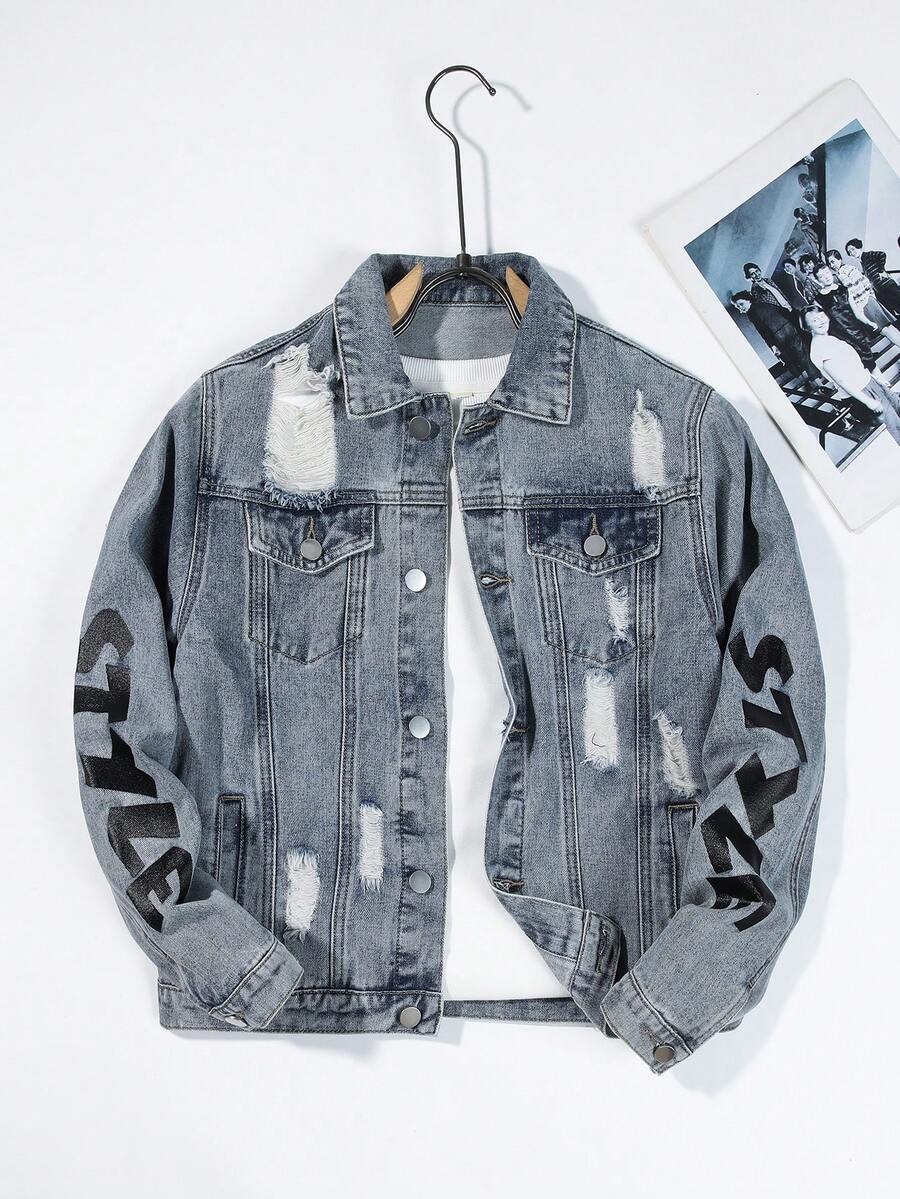Teen Boy Letter Graphic Ripped Denim Jacket Without Tee - Medium Wash - View 1