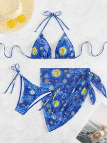 Swim Mod Conjunto De Bikini De Cuello Halter Para Mujer Con Impresión De Pintura Al Óleo Y Cubierta - Multicolor - Ver 5