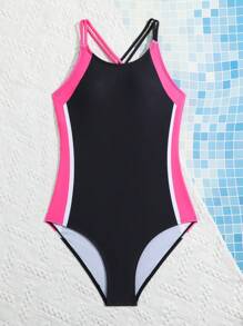 青少女拼色十字肩帶連身泳衣 - 彩色 - 查看 5