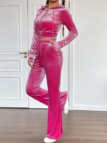 SHEIN EZwear Của phụ nữ Nhung Dây rút Hoodie Và Quần ống loe Bộ - Màu Hồng Tươi - Xem 5