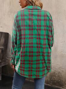 SHEIN LUNE Ladies' Grid Pattern Drop-shoulder Shirt - Green - View 2