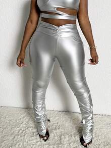 Slaydiva 女用金屬扭結開叉下擺長褲 - 銀色 - 查看 5