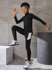 Teen Boys Sports & Outdoor Tight Pants With Pocket, White, High Elasticity, Free Stretching, Fashionable, Versatile, Classic, For Running, Cycling, Hiking, Indoor Exercise, Comprehensive Training - Black - View 5