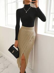 SHEIN Clasi Falda De Jersey De Punto De Cable Para Mujer De Color Sólido Con Dobladillo Dividido - Albaricoque - Ver 1