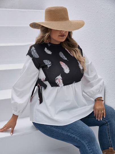 SHEIN VCAY Plus Size Women's Feather Printed Asymmetrical Hem Patchwork Shirt