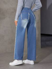 SHEIN EZwear Women's Versatile Straight Leg Jeans With Fringe Detail - Medium Wash - View 2