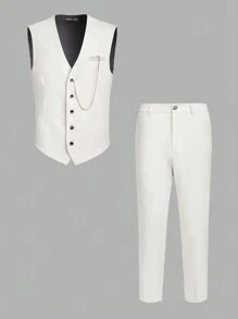 Manfinity NXTstreet 男士梭織西裝背心褲套裝 - 米色 - 查看 7