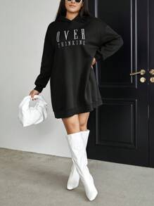 SHEIN Essnce 大码女式字母印花卫衣连衣裙 - 黑色 - 查看 3