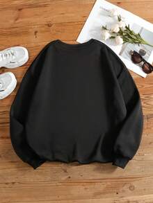 SHEIN EZwear 女士加大尺碼字母和心形印花毛絨衛衣 - 黑色 - 查看 2