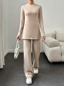 SHEIN Cottnline Mock Neck Split Hem Tee & Flare Leg Pants - Apricot - View 5