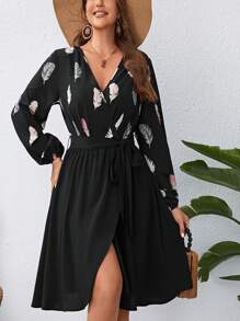 SHEIN VCAY Plus Size Women's Feather Pattern Wrap Dress - Multicolor - View 8