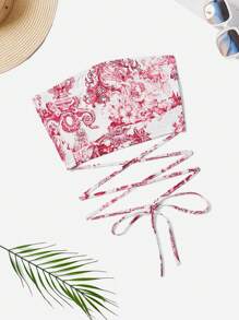 Soleia 女性經典花卉印花十字帶平口背心上衣 - 紅白色 - 查看 1