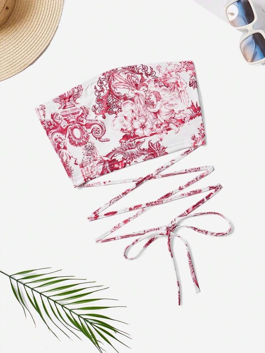 Soleia 女性經典花卉印花十字帶平口背心上衣 - 紅白色 - 查看 1