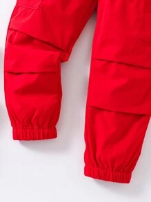 SHEIN Young Girl 1pc Fashionable Casual Cargo Pants With Pockets And Fold-Over Hem,Holiday,Summer,Travel - Red - View 3