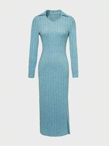 SHEIN Cô gái Thời gian rảnh rỗi Dài Đầm Với Khe Và Bên Eo Buộc - Màu xanh nhạt - Xem 1