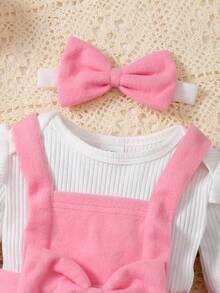 Em bé Cô gái Sọc Váy yếm Bộ Với Bowknot - Hồng - Xem 4