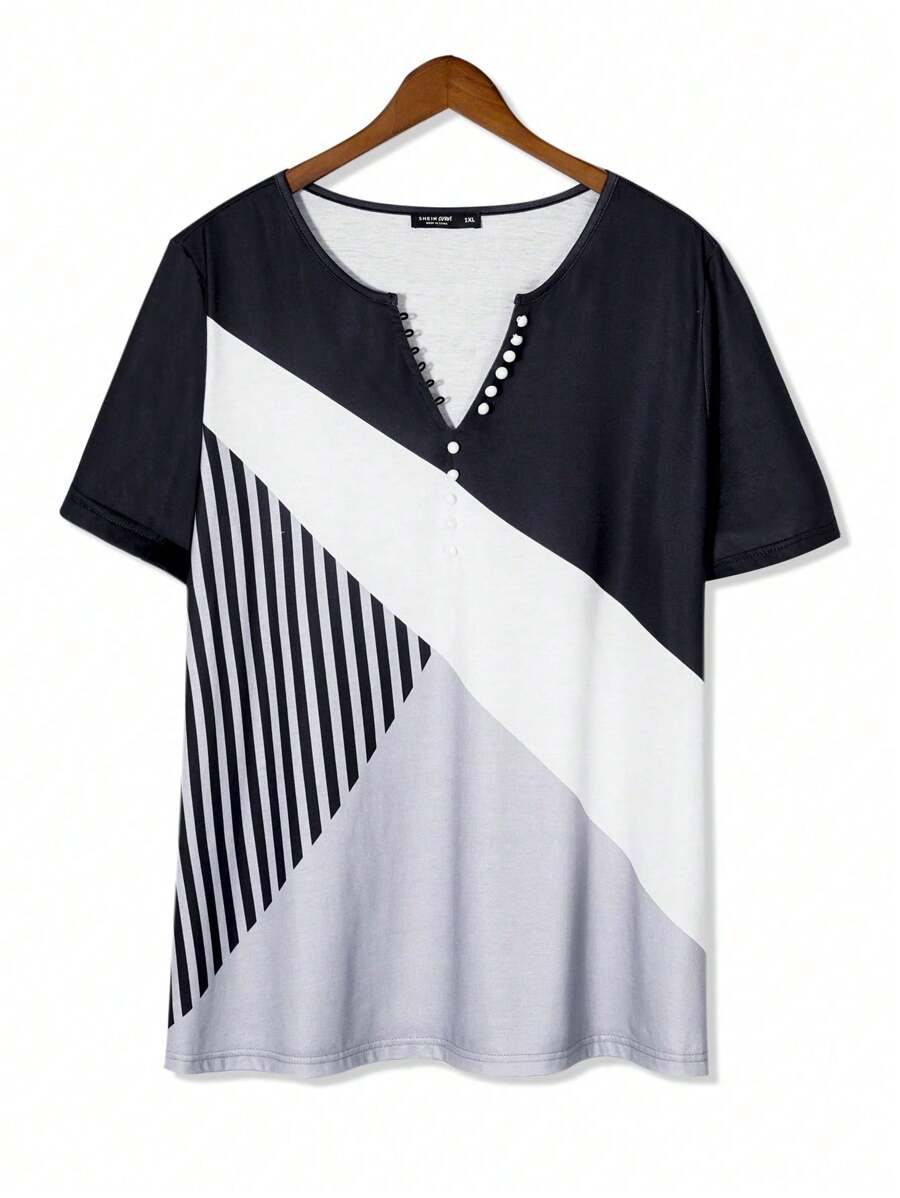 SHEIN LUNE 大碼條紋圖案T恤 - 黑與白 - 查看 1