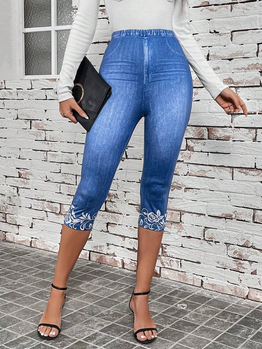 SHEIN LUNE 女款牛仔效果七分緊身褲 - 藍色 - 查看 1