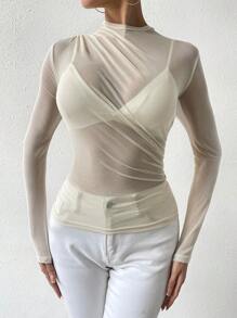 SHEIN Essnce 半透明長袖上衣(無胸罩) - 杏色 - 查看 4
