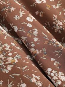 DAZY 女士印花灯笼袖连衣裙，心形领口，褶皱细节，荷叶边，秋季长袖连衣裙，度假装扮 - 棕色 - 查看 6