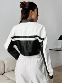 SHEIN Unity 女款撞色皮革短版夾克 - 黑與白 - 查看 2
