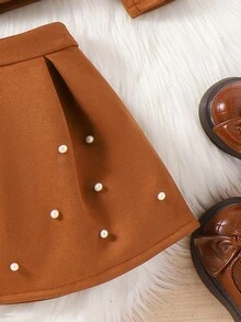 SHEIN 適合秋冬穿著的休閒復古風學院風優雅女士夾克和裙子兩件套裝,適合幼女 - 棕色 - 查看 7