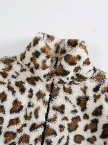 SHEIN EZwear Leopard Print Fleece Half Zip Hoodie - Khaki - View 4