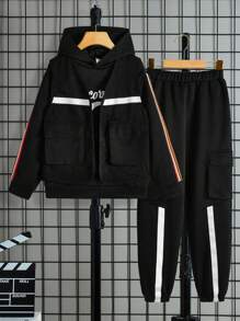 SHEIN 3pcs/set Tween Boys' Casual Hooded Letter Print Sweater Top, Pants And Vest Outfit