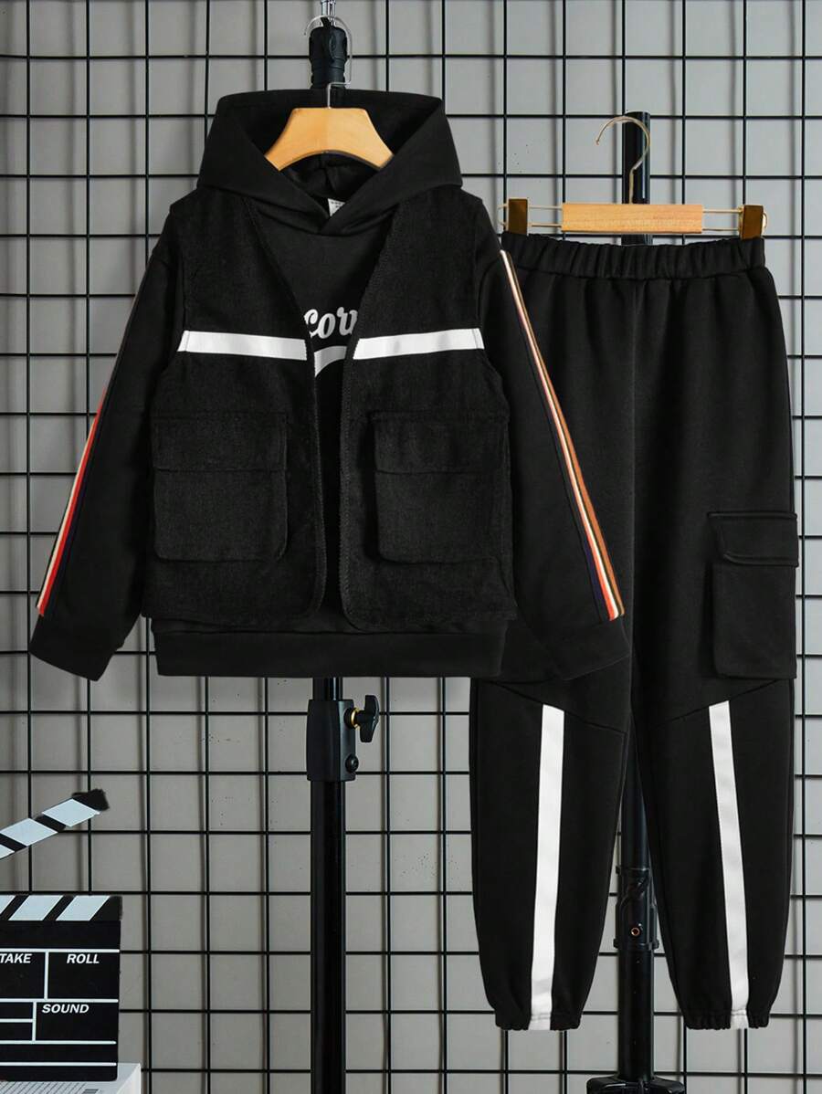 SHEIN 3pcs/set Tween Boys' Casual Hooded Letter Print Sweater Top, Pants And Vest Outfit