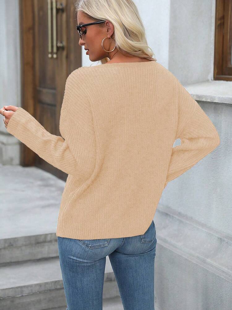 Women's Solid Color Grid Patchwork Pullover Casual Knit Pullover Fall Winter Sweater