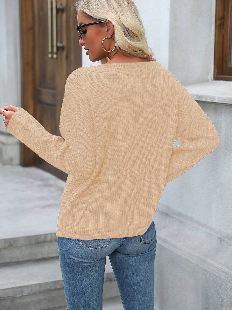 Women's Solid Color Grid Patchwork Pullover Casual Knit Pullover Fall Winter Sweater